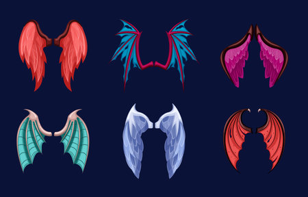 Wings magical and mythical creatures set. Colorful wing with colored feathers and scales symbols of ancient dragons and manticores mystical mirrors from parallel worlds. Vector cartoon fantasy.のイラスト素材