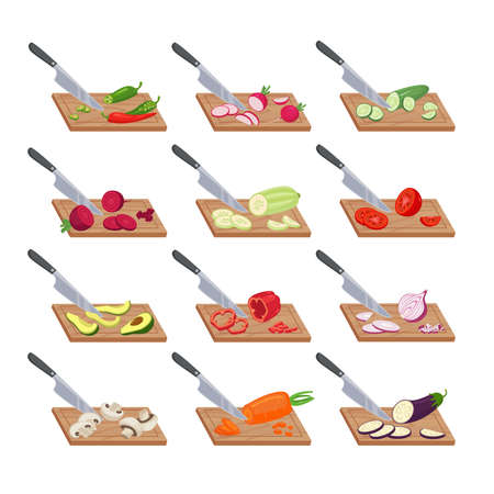 Cutting vegetables on kitchen board set. Knife cuts ripe peppers and avocados into slices thin slice of appetizing tomato and eggplant vitamin vegetarian salads. Health vector template.のイラスト素材