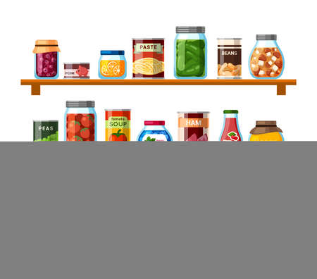 Tinned food on shelves illustration. Soup and corn sealed in cans farmers mushroom and tomato preparations for long term storage convenient packaging with ham and pork. Vector color stocksのイラスト素材