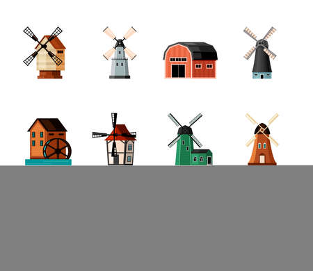 Retro windmills set. Color buildings with blades for grinding flour rustic old design and air powered traditional architecture with water and electric turbine. Vector agriculture flat.のイラスト素材