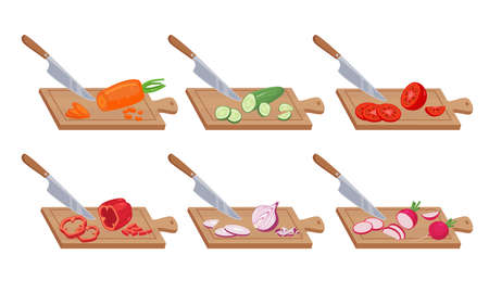 Vegetable slices on kitchen board set. Fresh food cut and shredded knife cuts ripe peppers and avocados appetizing tomato and eggplant vitamin vegetarian salads. Health vector eating.のイラスト素材