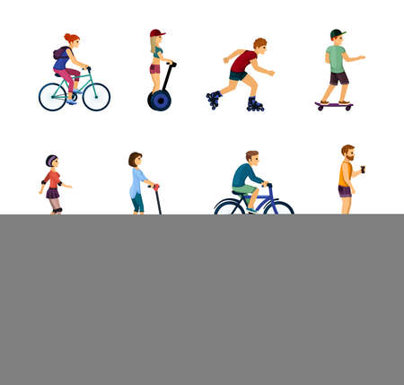 People on ecological transport set. Fun rollerblading and skateboarding rides active male and female characters ride gyroscooters and bicycles around city travel along road. Vector energy sport.のイラスト素材