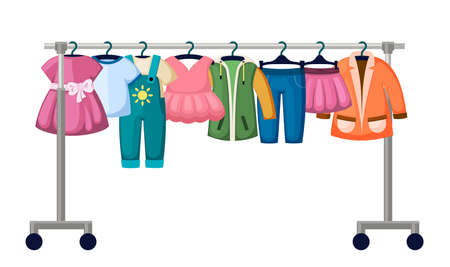 Childrens clothes in trendy market illustration. Hanging overalls and dresses for boys and girls in creative designs jeans and jackets are best collections for little ones. Vector fashionable flat.のイラスト素材