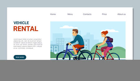 Rent and hire bicycles landing page. Convenient trips out of town without buying bike outdoor activities with repairs and service stations trips on ecological transport. Vector cartoon banner.のイラスト素材