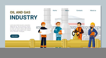 Gas and oil industry landing page. Professional workers with industrial equipment developing new fields, powerful processing plants and worlds infrastructure. Vector cartoon drilling.のイラスト素材