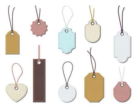 Multicolored tags set. Stylish discount coupons and geometric decorations for garments fashionable pendants and banners for advertising records accessories for branded items. Trendy realistic vectorのイラスト素材