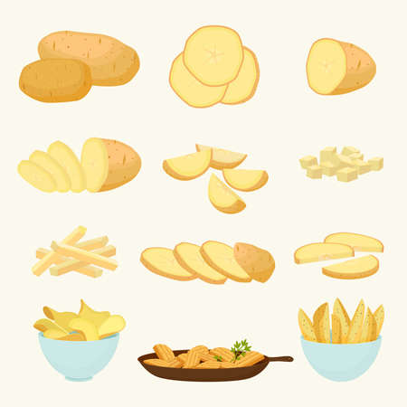 Potatoes and snacks from it set. Golden vegetable for making chips and frying organic staple for agriculture round wedges for side dish and nutritious delicious diet. Vector cartoon agriculture.のイラスト素材