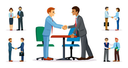 Businessmen handshakes set. Business people in suits complete deal with handshake successful partnership and lucrative contract for confident cooperation. Relationship cartoon vectorのイラスト素材