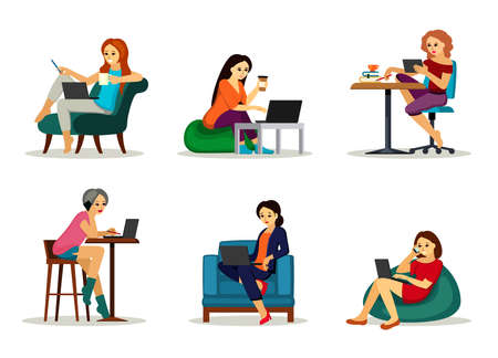 Women work in office and at home set. Freelance girls carry out work projects speaks phone an ottoman sits armchair with coffee and pen works during extra hours in office. Vector cartoon workplace.のイラスト素材