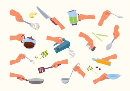 Hands hold kitchen appliances set. Frying in skillet with olive oil cooking and slicing food beating with mixer and hand whisk pouring soup into bowl with dish. Cartoon vector household.のイラスト素材