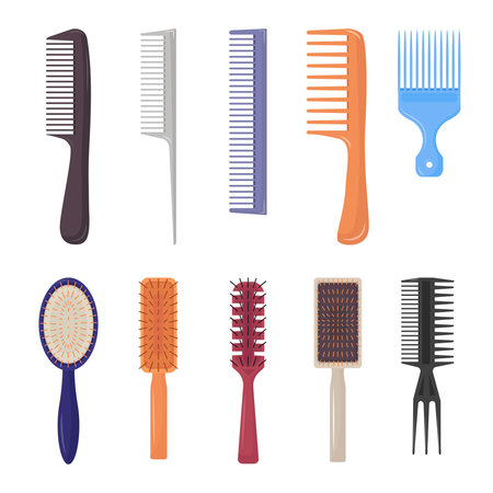 Colored combs set. Simple and round massage items for styling hair and hairstyles plastic and metal...