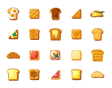 Bread toast and sandwiches set. Toasted snacks with scrambled eggs and butter light snack with cheese and green onions dessert with jam and chocolate spread. Delicious cartoon vector.のイラスト素材