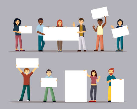 Cheerful multinational people with blank posters banners. Young male and female characters happily holding bulletin boards and advertisements modern marketing style. Vector cartoon.のイラスト素材