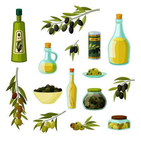 Olive oil and snacks set. Vitamin yellow pomace and fruits for preservation vegetables for seasoning dishes and natural nutrition diet ripe green and black products on branch. Vector cartoon harvest.のイラスト素材