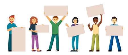 Young multinational people with blank posters banners. Smile male and female characters happily holding bulletin boards and advertisements modern marketing style. Vector cartoon protest.のイラスト素材
