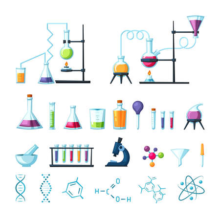 Chemical laboratory equipment set. Microbiology tubes with colored reagents and apparatus for distilling pipette mortar for grinding accurately dosing in research. Vector cartoon scientific.のイラスト素材