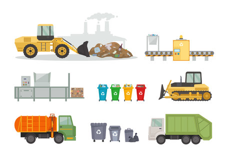 Garbage collection and recycling equipment set. Conveyor belts and trucks with containers for transporting waste garbage binsのイラスト素材