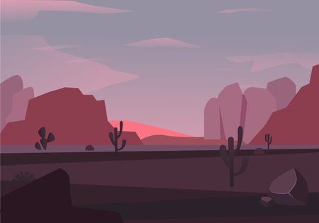 Purple desert with mountains at sunrise illustration. Brown canyons with black stones pink skies and thorny plants natural panorama of sahara arid desert with. Vector cartoon background.のイラスト素材