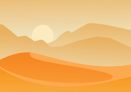 Orange desert with rising sun landscape. Hot large disc hanging on sand dunes arid plain without plants and animals disastrous dry place africa wilderness. Vector cartoon environment.のイラスト素材