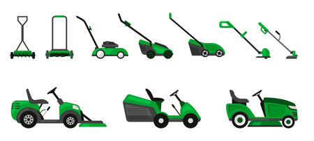 grass cutting. lawnmower machine for house yard seasonal decoration trimming grass. Vector picturesのイラスト素材