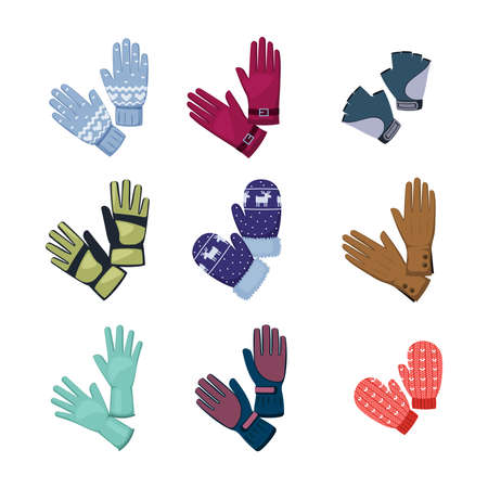 Winter gloves. seasonal hot wear for hands mittens and gloves. Vector colored illustrationsのイラスト素材