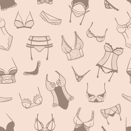 lingerie pattern. female bra and bikini fashiioned lingerie collection. Vector seamless backgroundのイラスト素材