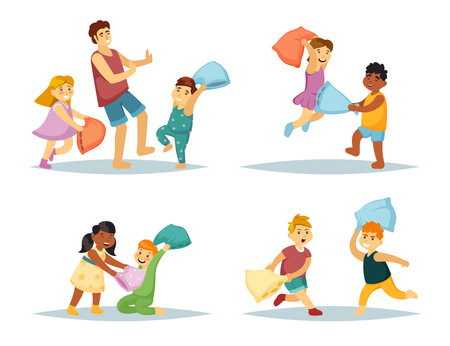 pillow battles. happy kids jumping playing and fighting with parents with pillows. Vector cartoon charactersのイラスト素材
