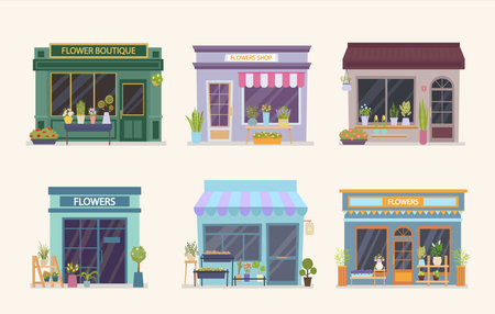 city boutique. flowers mobile kiosks on street souvenirs urban markets. Vector flat buildings illustrationのイラスト素材