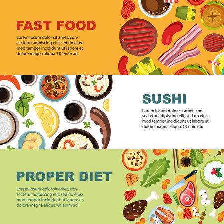 tradition food banners. mexican and asian cousine products top view illustrations. Vector templates with place for textのイラスト素材