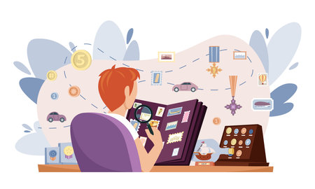 art collector. man watching on postal marks big collection. Vector background of hobbyのイラスト素材