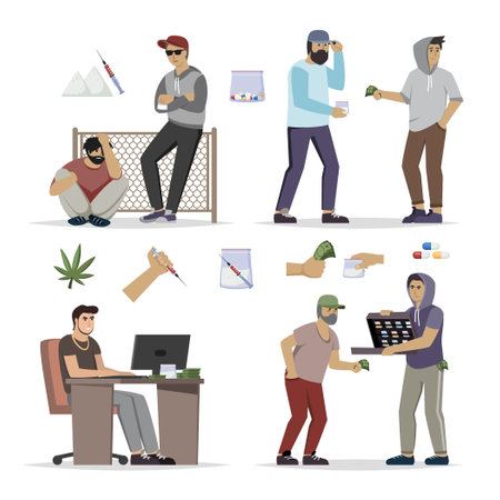 drug sales. bandit selling marijuana and medicine pills. Vector cartoon peopleのイラスト素材