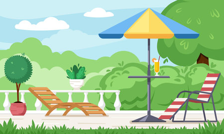 patio outdoor. background backyard village with BBQ relax place two benches and green treesのイラスト素材