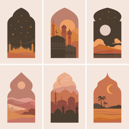 islamic windows. decorative arabic frames and mosque background outdoor views. Vector cartoon landscapeのイラスト素材