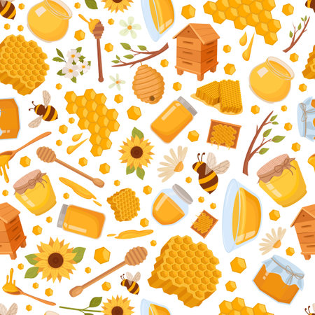 honey. apiary bees beehive sunflower honeycomb, seamless pattern. vector flat simple cartoon items.のイラスト素材