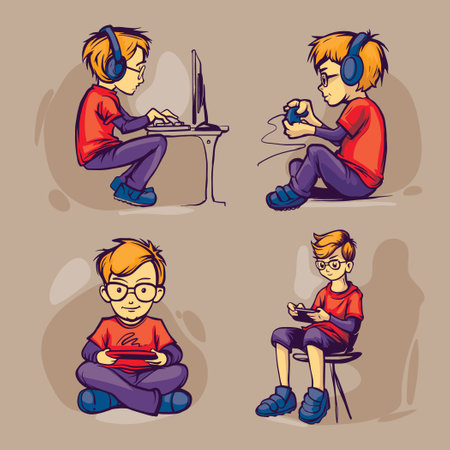 boy game. cute geeky character playing video games on console and PC sitting on chair and sofa holding gamepad. Vector cartoon colored illustrationsのイラスト素材