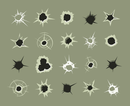 bullet holes. gunshot dots from shooting weapons shot destruction targets. Vector templates setのイラスト素材