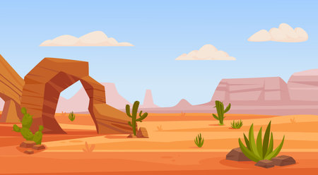 dry desert cartoon background. hot endless desert with sandy yellow dunes. african, mexican nature backgroundのイラスト素材