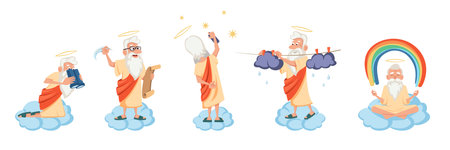 elder angels characters. cartoon cute funny old paradise angels with wings in different poses set, angelic beings concept. vector cartoon characters collection.のイラスト素材
