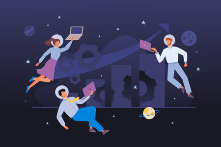 businessmen in outer space.office people dressed in casual style and astronaut helmets flying in space galaxy, cartoon characters with gadgets. vector cartoon space background.のイラスト素材