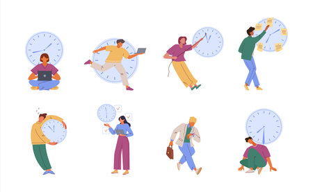 Time management people. office working time management concept, cartoon flat minimalistic characters, people with timers clock checklists, work organization to do list. vector cartoon concept.のイラスト素材