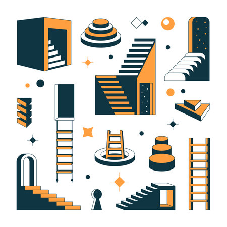 ladder shapes abstract. surrealistic 3d geometric stairway upstairs platforms, retro game obstacles set. vector cartoon graphics collection.のイラスト素材