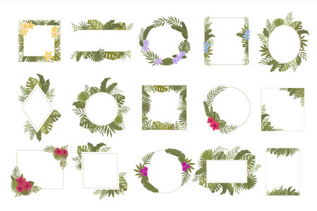 tree green border. botanical blossom trees ornament, cartoon leaves branch green nature plants frames. vector cartoon frames.のイラスト素材