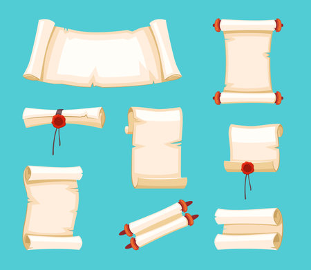 ancient manuscript papyrus. vintage scroll fairy, fantasy element, parchment treasure texture cartoon minimalistic sheet. vector cartoon items collecion.のイラスト素材