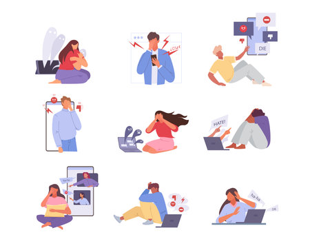 online abuse. harassment depressed unhappy network cyberbulled web internet social networks cyber bullying, online haters, characters concept. vector cartoon charcters collection.のイラスト素材