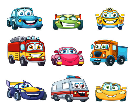 color book cars set. flat simple vehicle van golf microcars collection, logo label print patch or sticker. vector cartoon items set.のイラスト素材