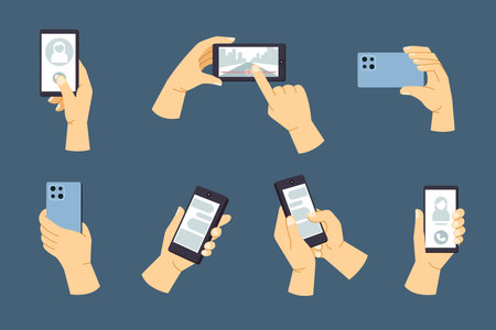 hand holding phone. mobile gadgets finger touching smartphones in hands, using applications tapping scrolling concept collection. vector cartoon graphic.のイラスト素材