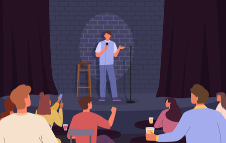 public speech background. public speech from stage performance, comic standing with microphone, lecture talk from podium humor comedy show. vector cartoon conceptual background.のイラスト素材