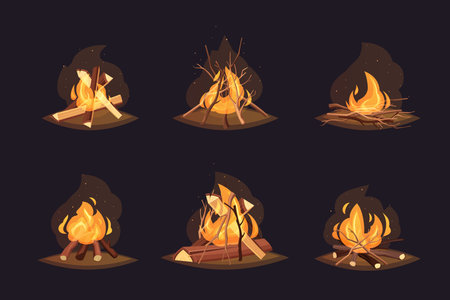 Fireplace campfire different types. Burning wood collection, travel and adventure symbol. Vector bonfire or woodfire in cartoon flat style set. A tourist bonfires in the diferent form of stackのイラスト素材