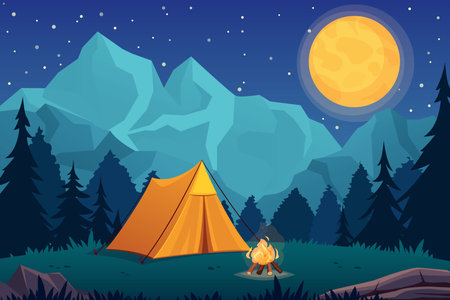 camping background. cartoon flat summer camp illustration, campsite forest hiking landscape. vector cartoon survival background.のイラスト素材