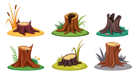 stump tree collection. forestry nature rural material, cartoon different shaped wooden stumps set. vector cartoon items isolated background.のイラスト素材